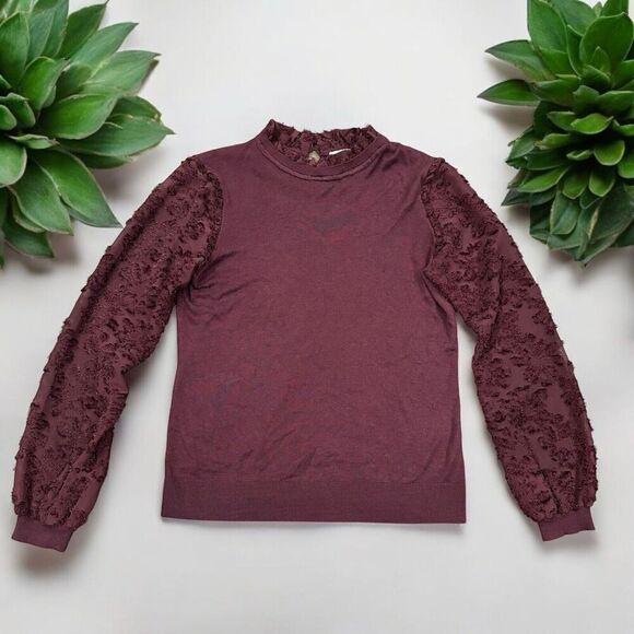 Women’s 14th & Union Burgundy Frill Ruffle Neck Sweater Size M Sheer Sleeve - Picture 1 of 6